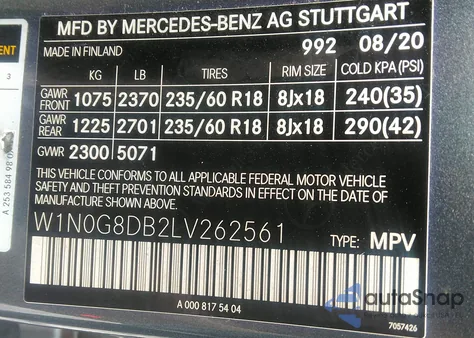 2020 Mercedes-Benz Glc из США, поврежденный, VIN W1N0G8DB2LV262561